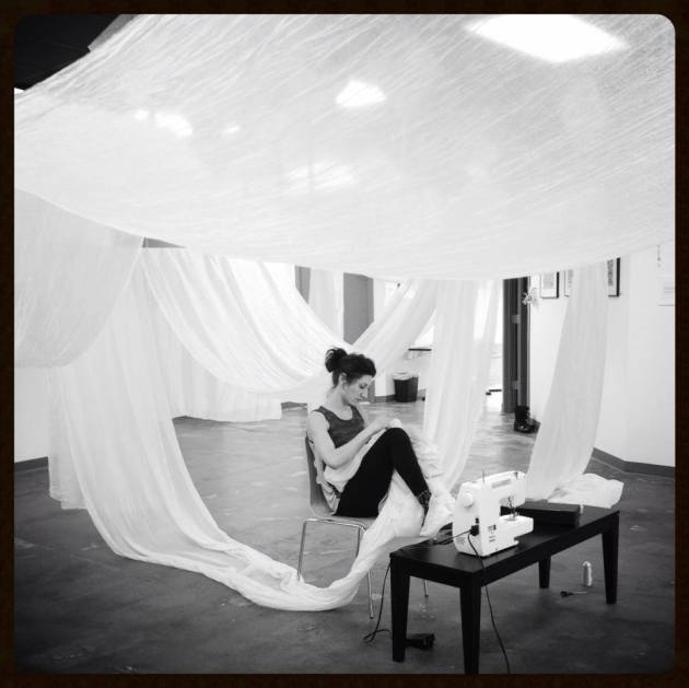 stitching silk, abbie r powers, abbie powers, installation art made of silk, suspended art, moving art