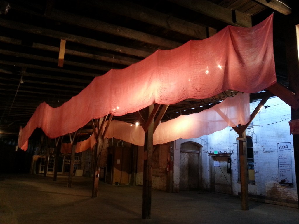 installation art by abbie powers, loveland artist, sculpture, silk sculpture, silk waves, waves of silk, contemporary art 2014